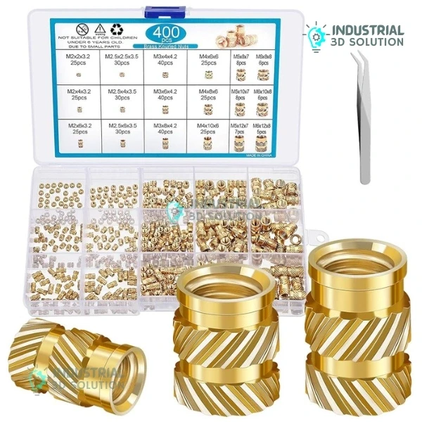 400 Piece Brass Heat Set Threaded Inserts Kit M2, M2.5, M3, M4, M5, and M6. Knurled Nut Assortment for 3D Printing and Plastic Repairs.