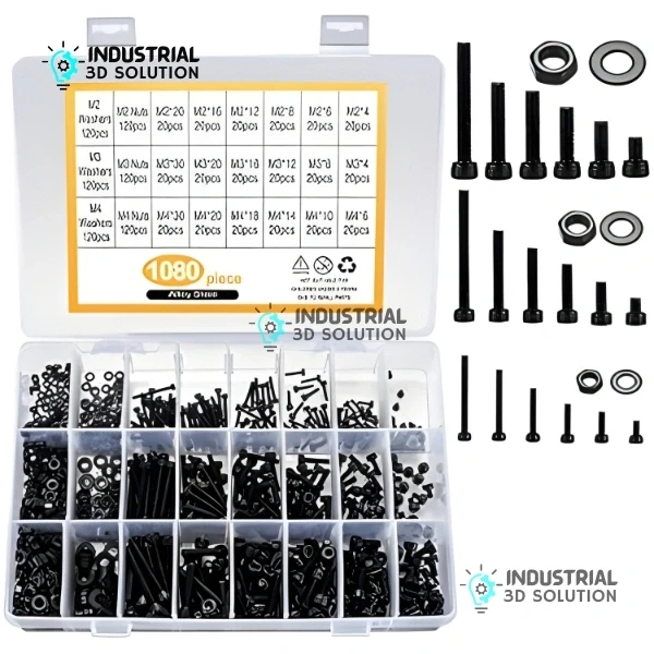 BeeLayers 1080 Piece M2 M3 M4 Black Alloy Steel Hex Button Head Screw, Nut, and Washer Assortment Kit for Electronics and DIY Projects.
