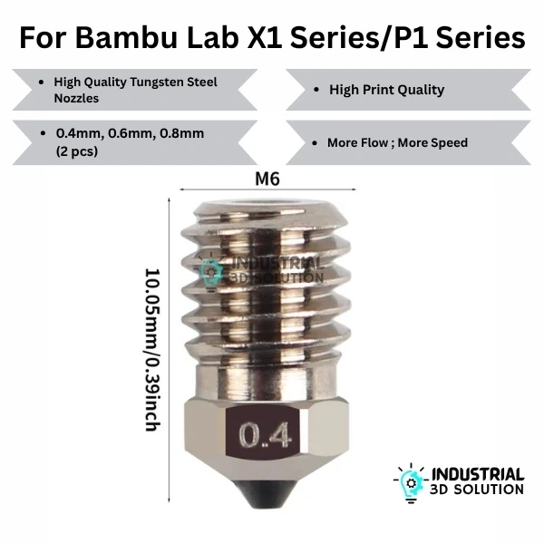 BeeLayers 6 Piece Hardened Steel Nozzle Set for Bambu Lab X1, X1C, P1P, and P1S. Includes 0.4mm, 0.6mm, and 0.8mm Sizes for Abrasive Filaments.