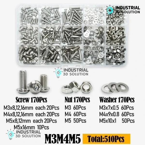 BeeLayers 510 Piece M3 M4 M5 Stainless Steel Button Head Screw, Nut, and Washer Assortment Kit for 3D Printers and DIY Repairs.