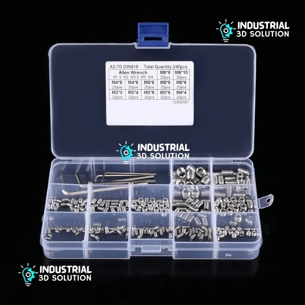 240 Piece Stainless Steel Hex Socket Grub Screw Kit M3 M4 M5 M6 M8. Assorted Cup Point Set Screws with Allen Wrenches.