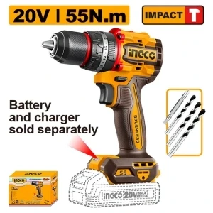 INGCO CIDLI205581 Compact Brushless Cordless Impact Drill | 20V Professional Lithium-Ion Impact Drill Driver for Concrete, Wood, Metal, Masonry, DIY & Industrial Applications