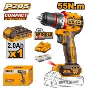 INGCO CDLI205582 Compact Brushless Cordless Drill | 20V Professional Lithium-Ion Brushless Drill Driver for Wood, Metal, DIY, Construction & Industrial Applications
