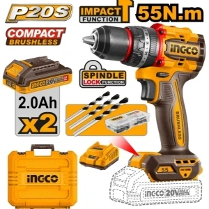 INGCO CIDLI20558 Compact Brushless Cordless Impact Drill | 20V Professional Lithium-Ion Hammer Drill Driver for Concrete, Wood, Metal, Masonry, Construction, DIY & Industrial Applications